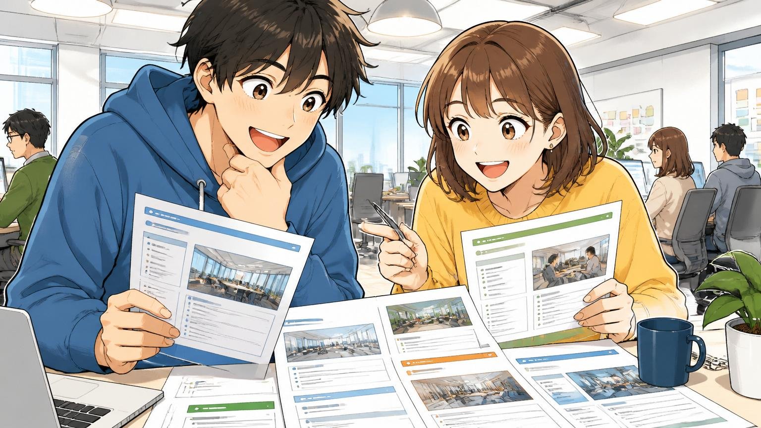 視野を広げる｜Web系企業のオフィスで複数の求人を比較検討する笑顔の男女2人