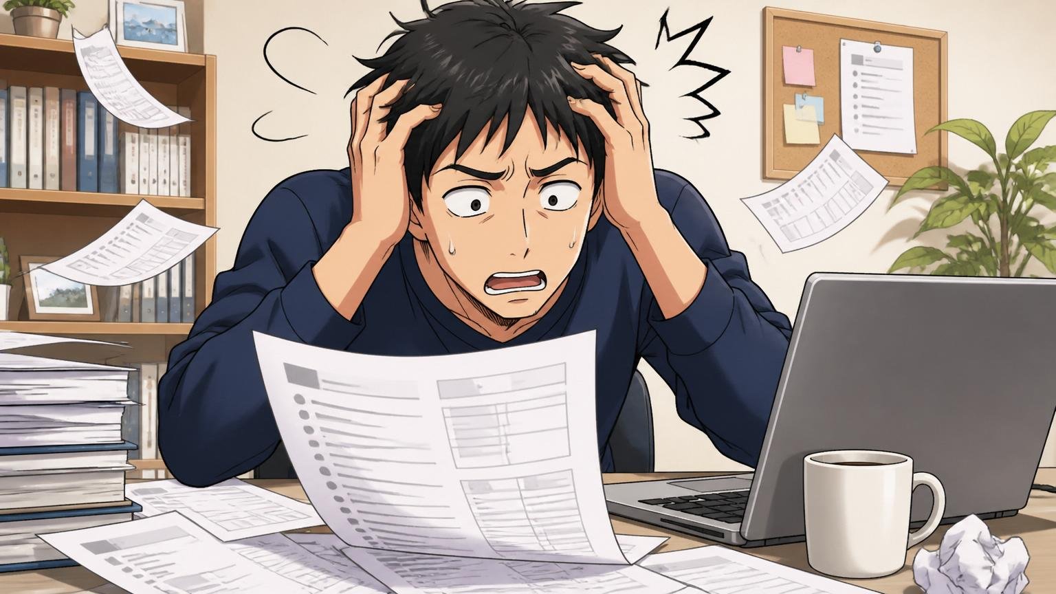 職務経歴書が経験の羅列。自宅デスクで30代男性エンジニアが履歴書を前に頭を抱える表情
