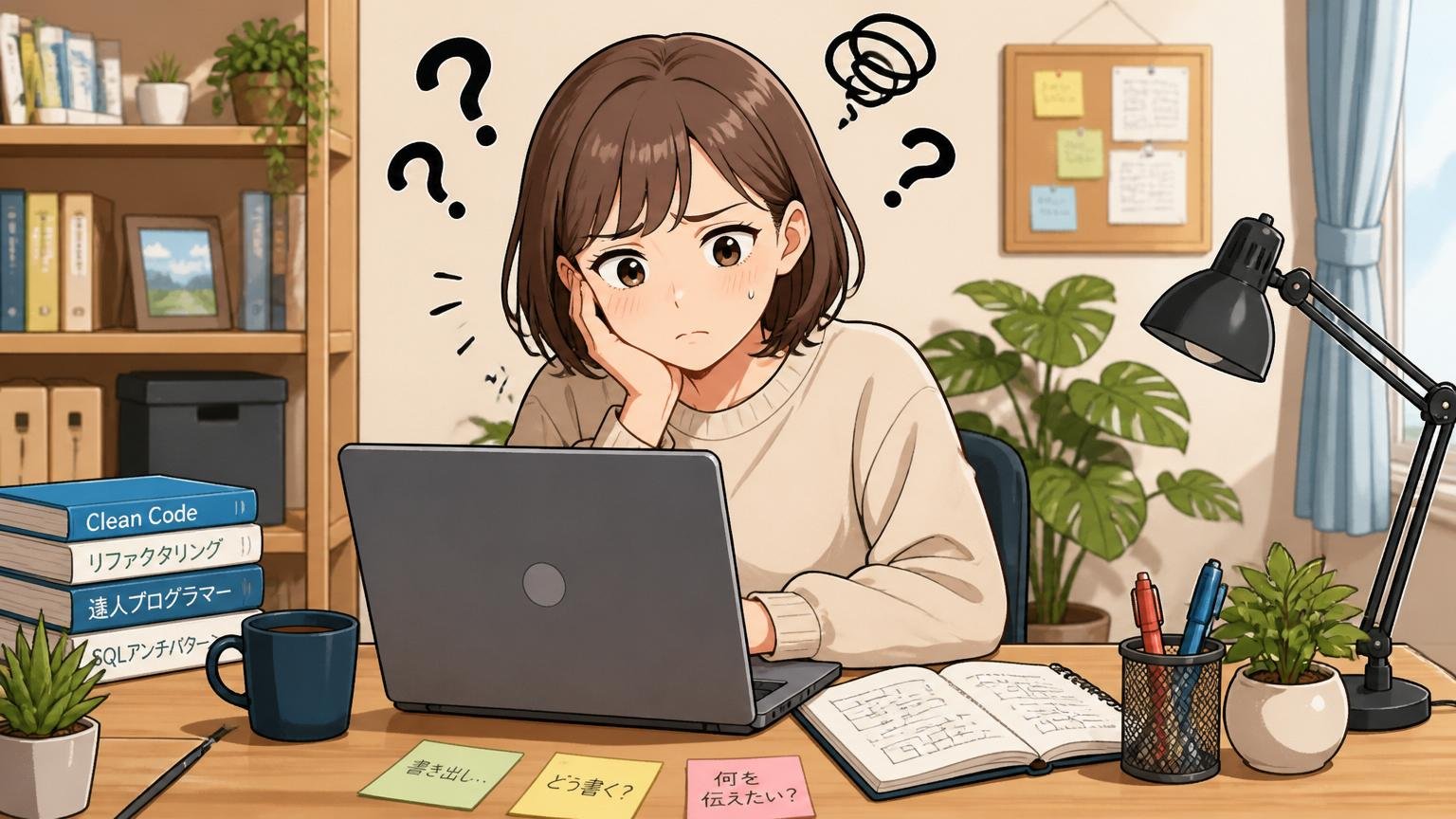 技術ブログを書こうとして手が止まりノートPCの前で悩む女性エンジニアの自宅デスクの在宅勤務シーン