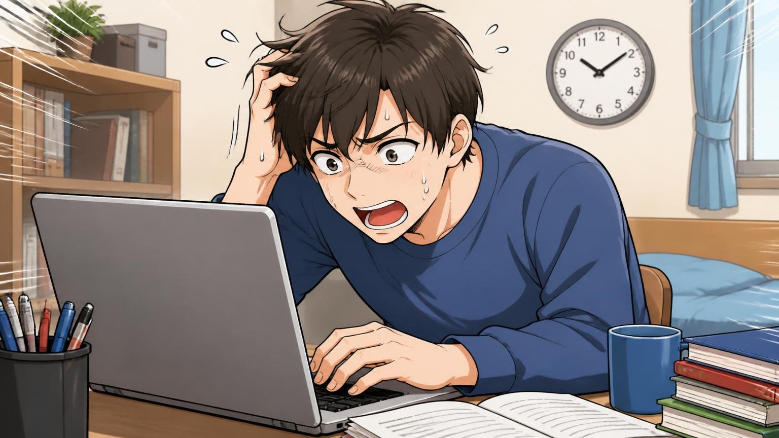 適性検査で落ちた原因 自宅の机で20代男性がパソコンでWebテストを受け時間に焦る表情