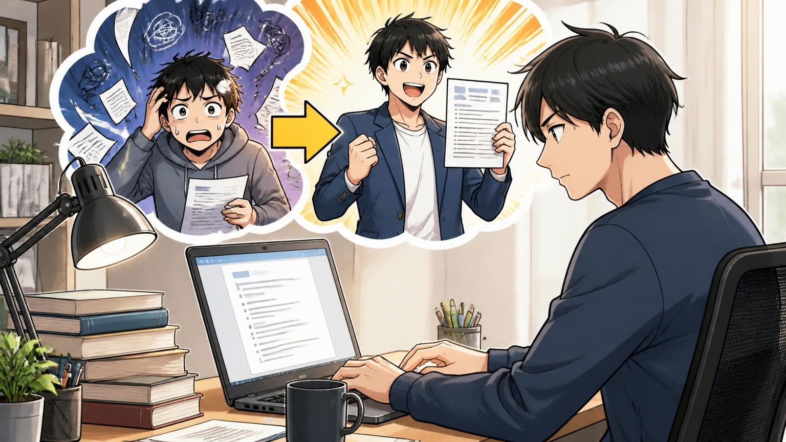 解決ストーリー型に職務経歴書を書き直す30代エンジニア、自宅のデスクで集中して入力する横顔