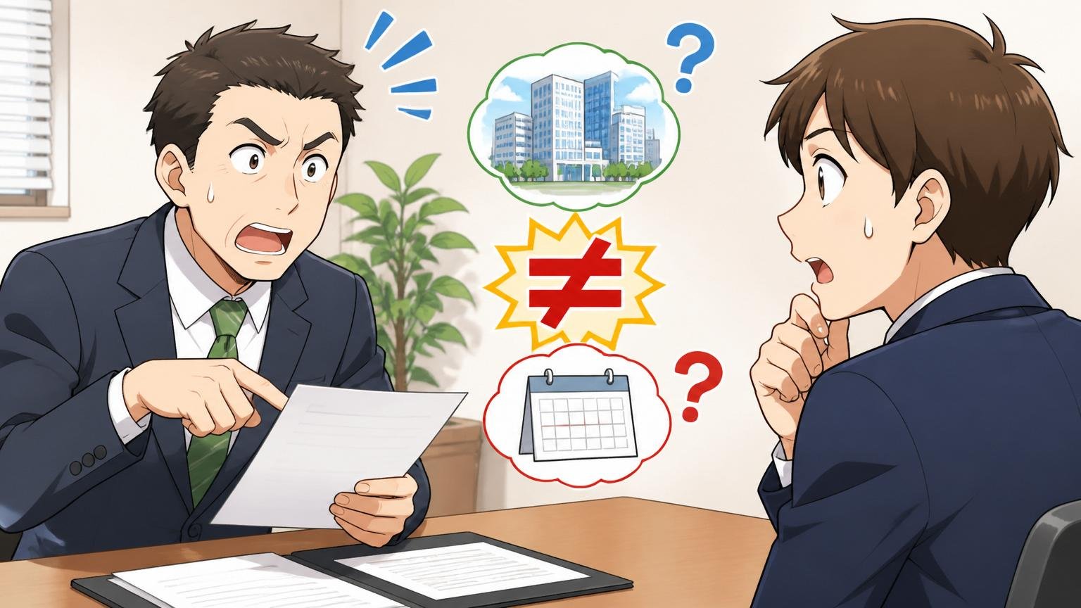 条件のミスマッチ、企業の面接室で勤務地や入社時期の条件について面接官と応募者が確認し合うシーン