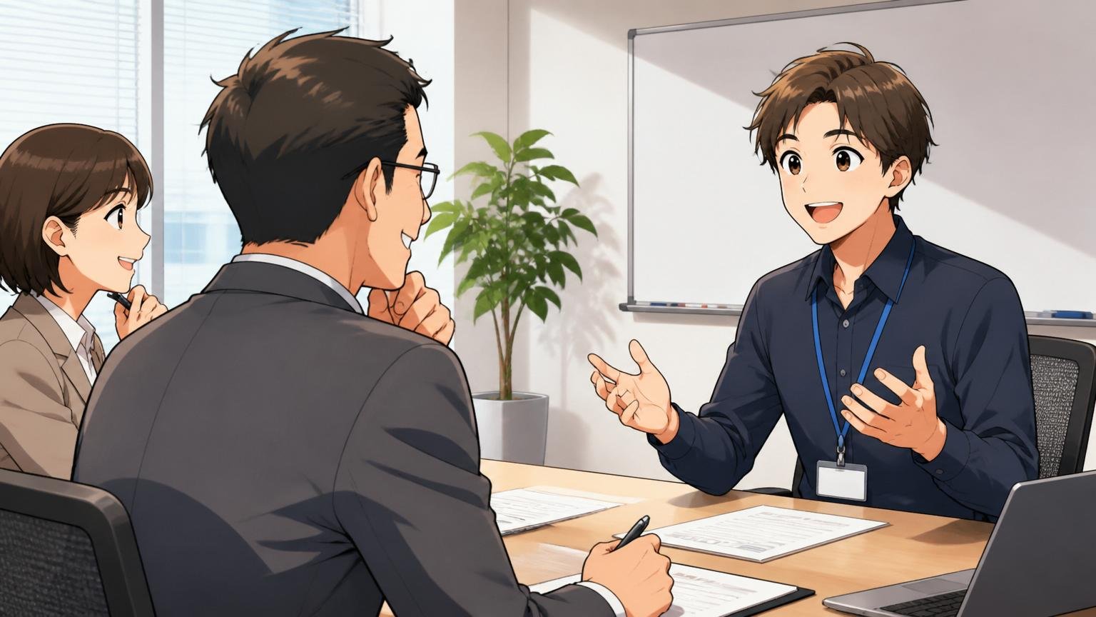 企業の会議室で面接を受けるエンジニアが笑顔で話す場面、3人、和やかに会話する表情