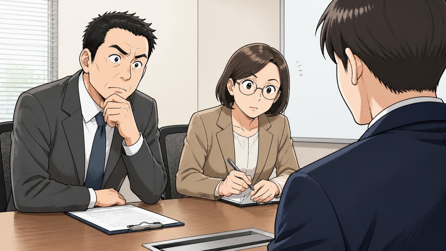 面接官が応募者の話の流れを確認しながらメモを取る、企業の会議室で2名の面接官が真剣に聞き入る様子