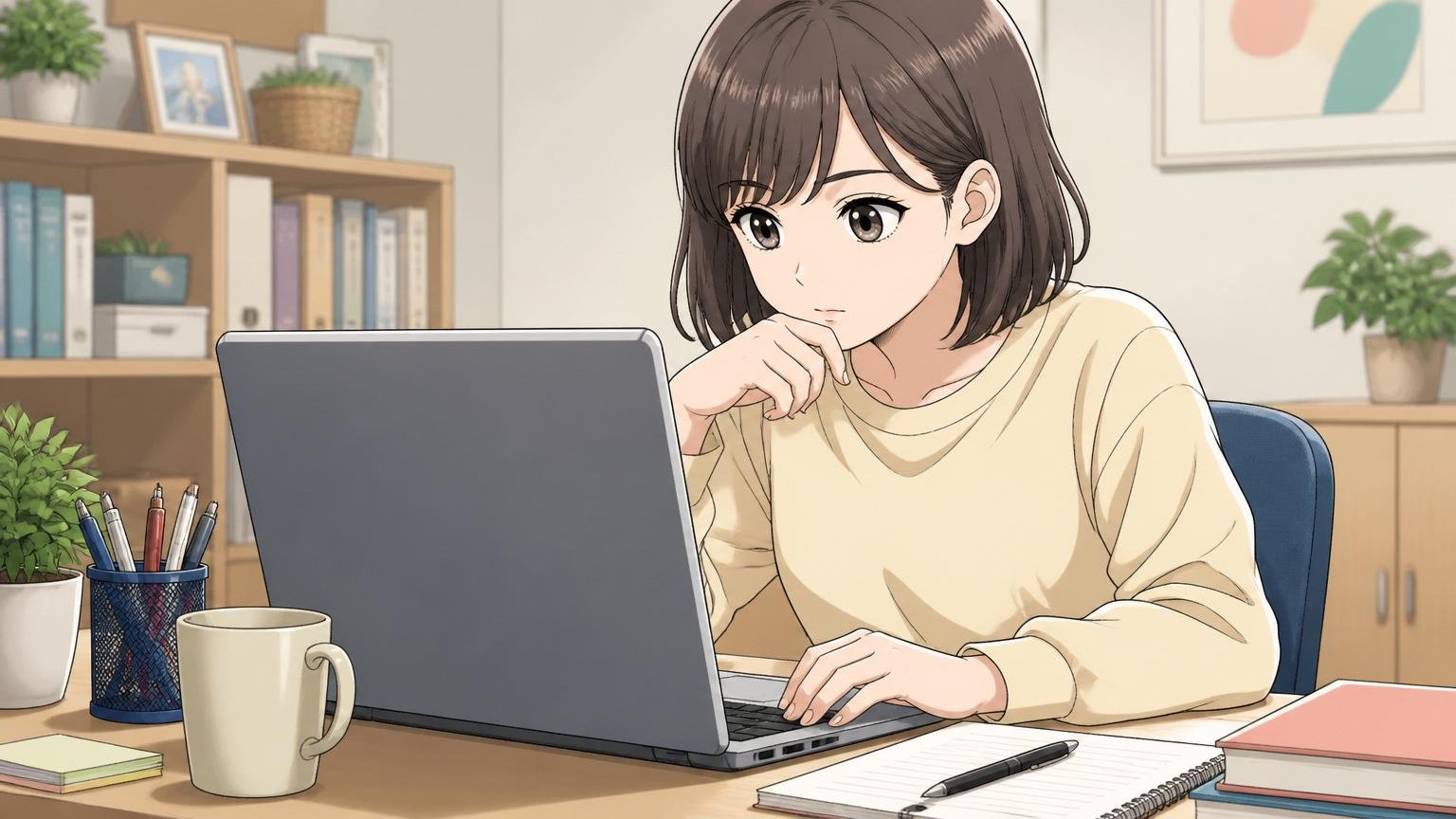 ノートパソコンでWEBテストの問題を解く女性応募者、自宅のデスク、1人、画面を見つめ集中した表情