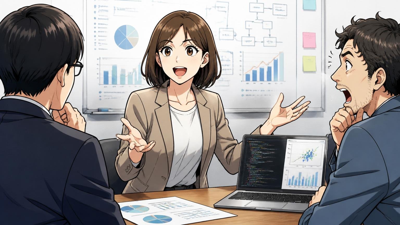 データ分析企業の面接で自分の考えを主体的に語る30代女性エンジニアの場面