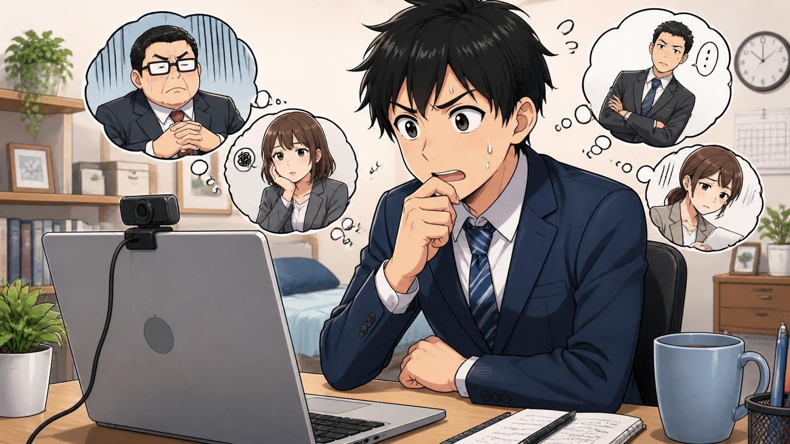 面接で落ちた原因を探る。自宅でオンライン面接に臨み緊張する20代応募者1人