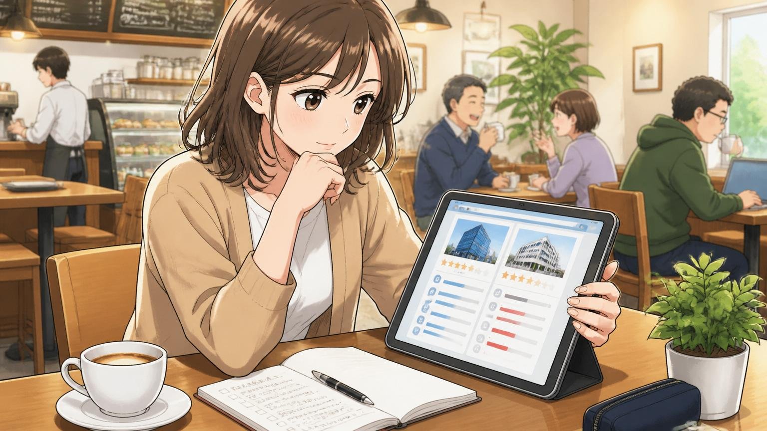 カフェのテーブルで企業情報を比較しながら考える30代女性、口コミサイトを眺める落ち着いた表情