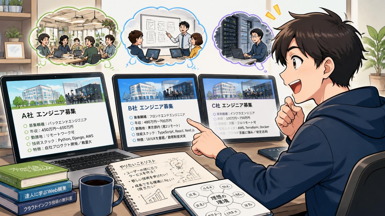方向転換と他の選択肢。複数企業の求人を見比べて視野が広がる若手エンジニア1人、明るい表情