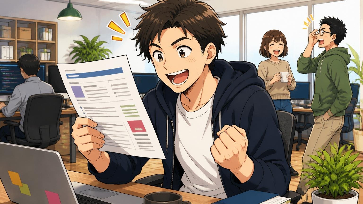 方向転換も逃げではない、Web系スタートアップのオフィスで新しい求人に目を輝かせる中堅エンジニア