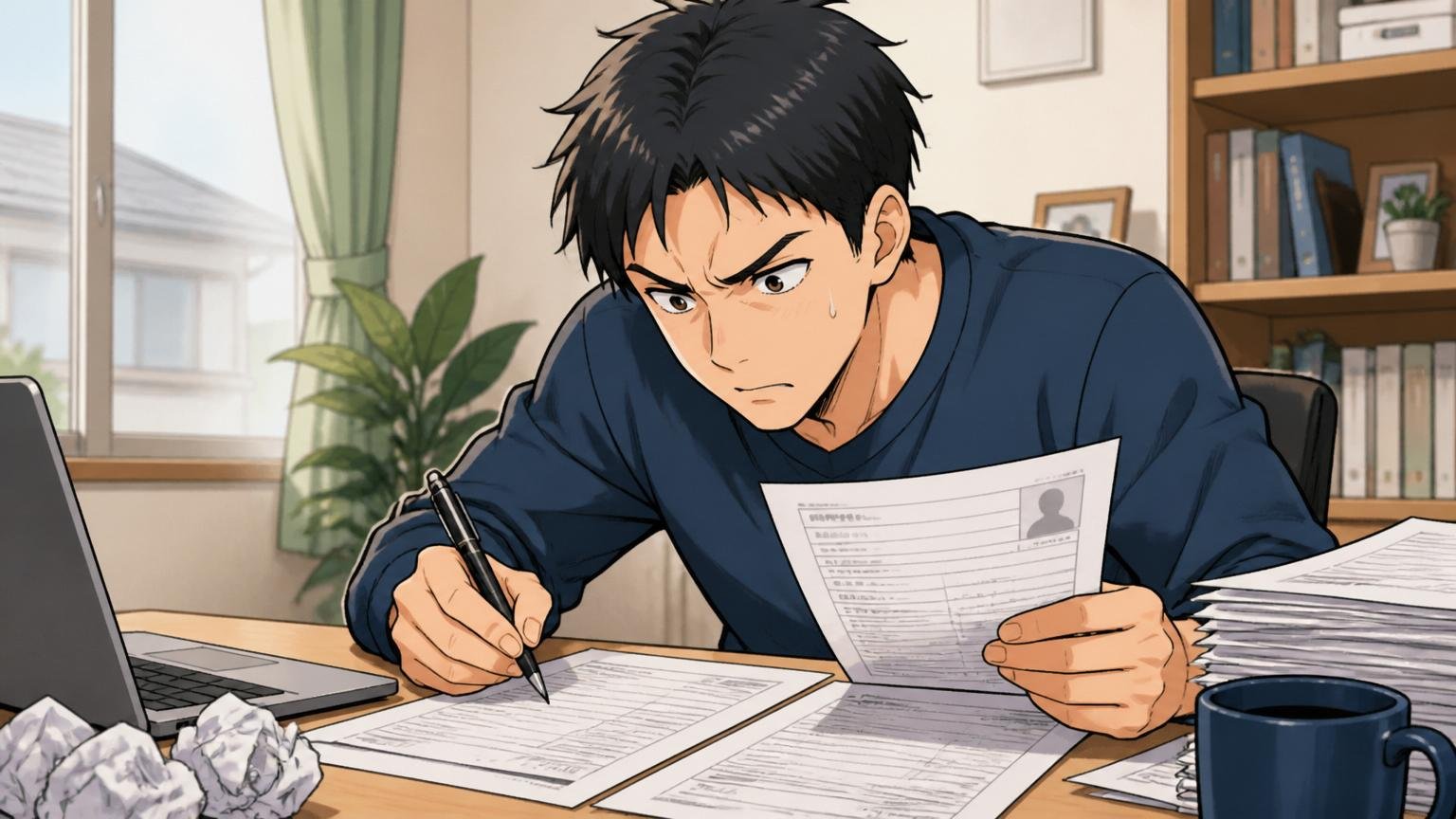 選考対策のズレ。自宅のデスクで職務経歴書を真剣な表情で書き直す30代男性