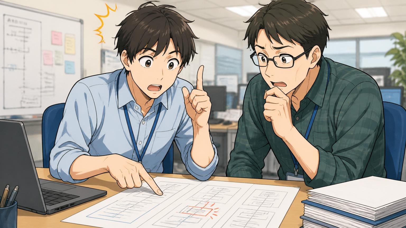 つまずきポイントに気づくエンジニア。SIerの開発現場で応募者2人が書類を見ながら反省して話し合う