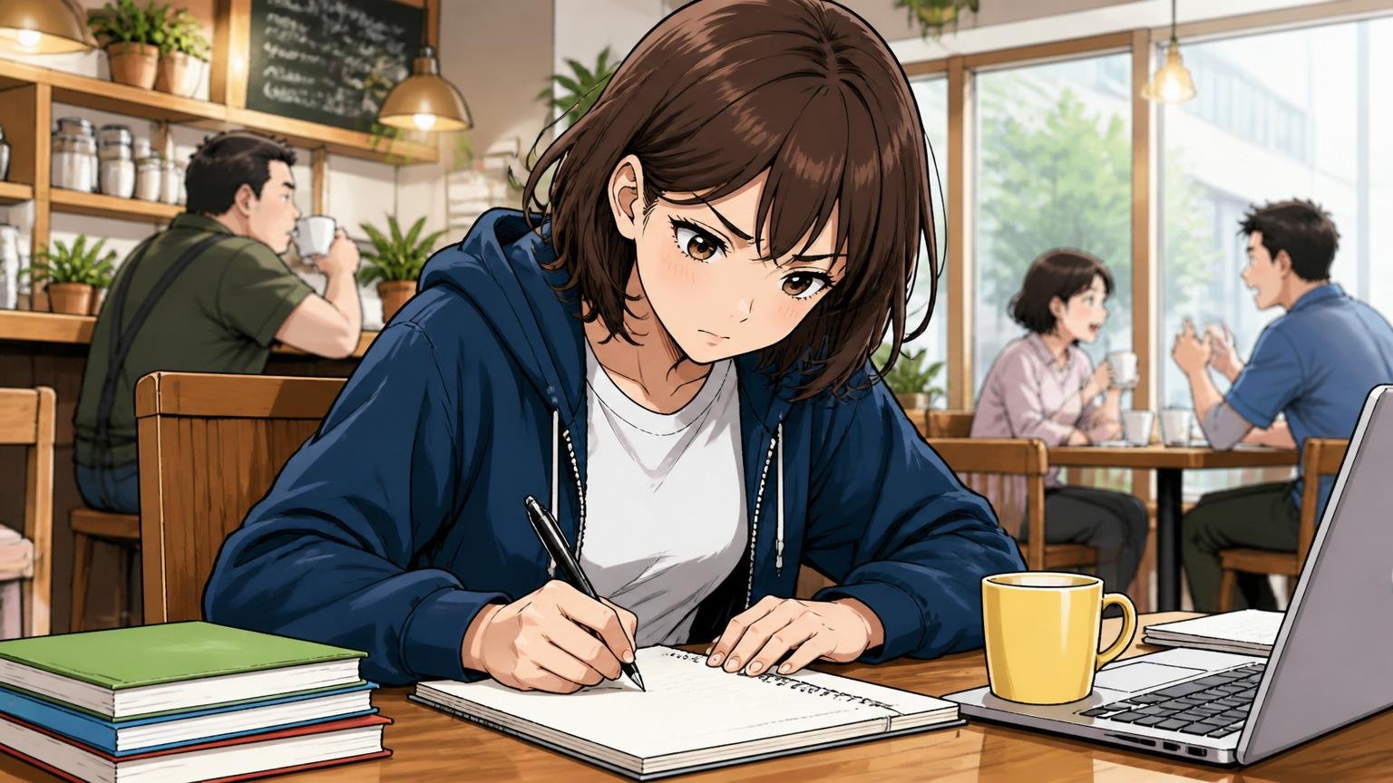 志望動機・自己PRの言語化は十分だったか。カフェでノートに志望動機を書く女性エンジニア1人、集中した表情