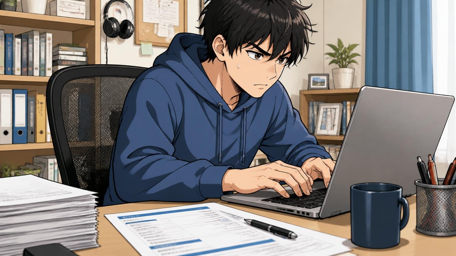 自宅のデスクで職務経歴書を書き直す20代後半の男性エンジニア、真剣な表情でキーボードを打つ