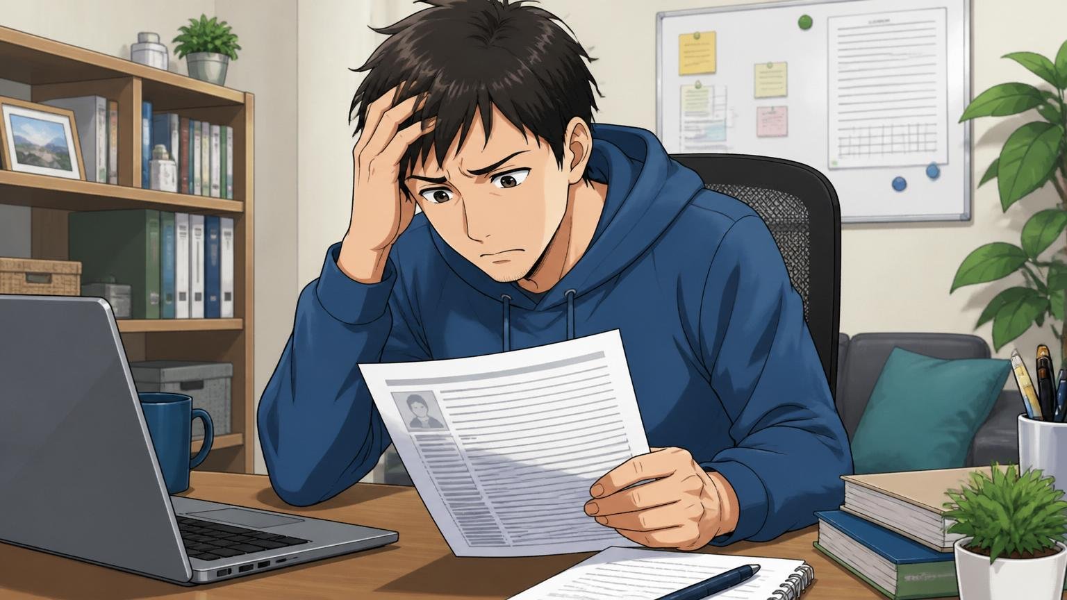 書類選考で落ちた原因。自宅デスクで職務経歴書を見直し考え込む30代男性ITエンジニア