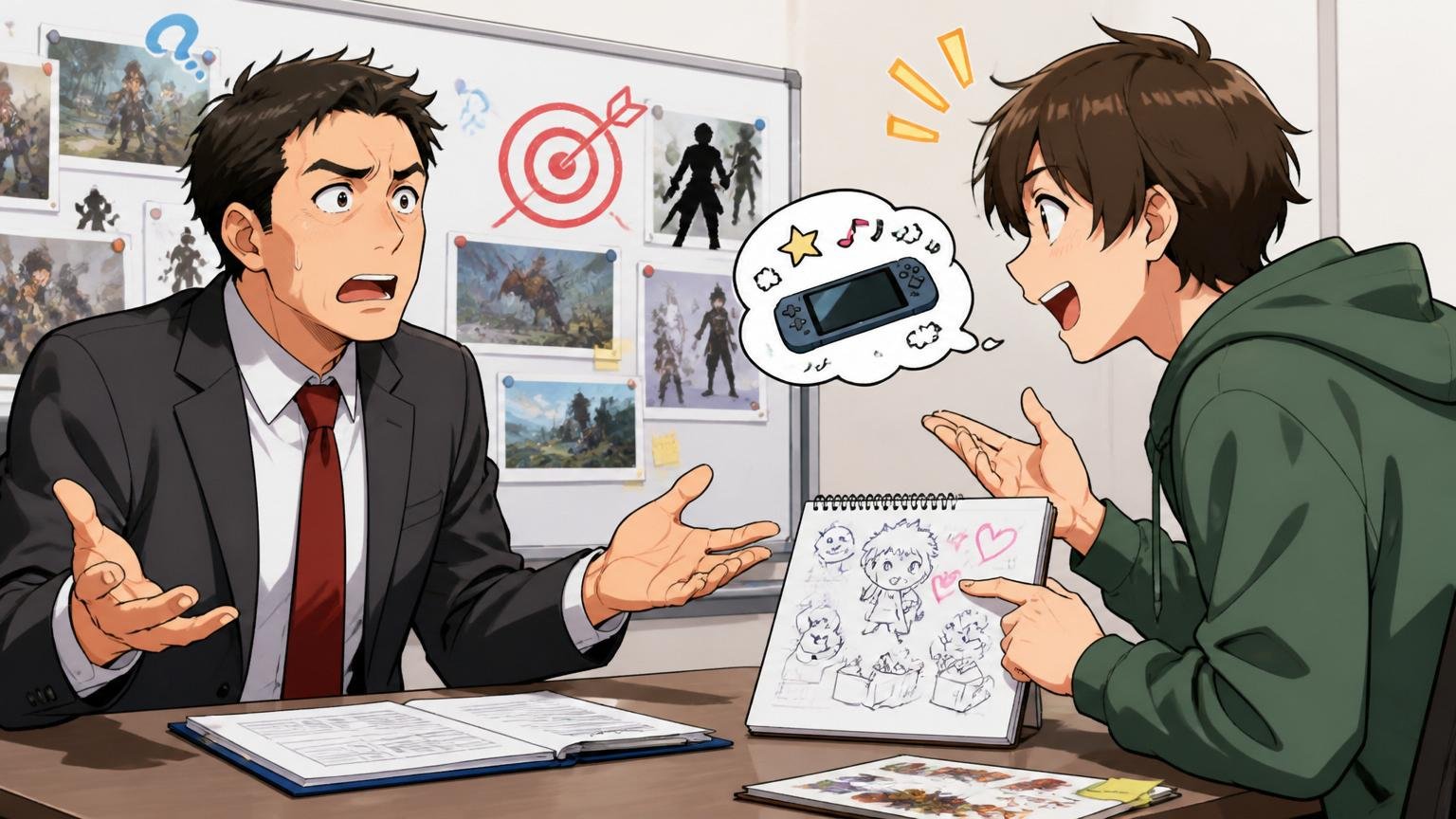 ゲーム会社の面接室で、求める人材像と応募者の強みがかみ合わずすれ違い、戸惑う表情の面接官と応募者が向き合うシーン
