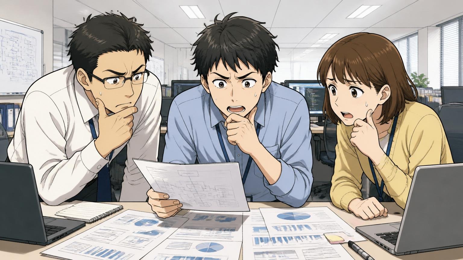 金融×ITという事業ドメインの理解不足。SIerの開発現場で資料を前に話し合う社員3人が真剣