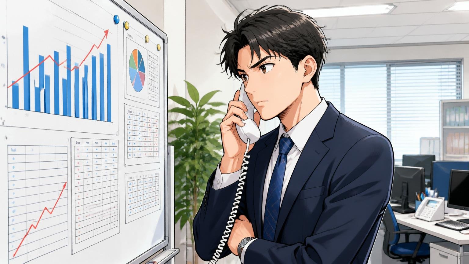 SaaS企業の営業フロアでホワイトボードに書かれた数字目標を眺めながら電話するスーツ姿の20代後半男性営業職1人