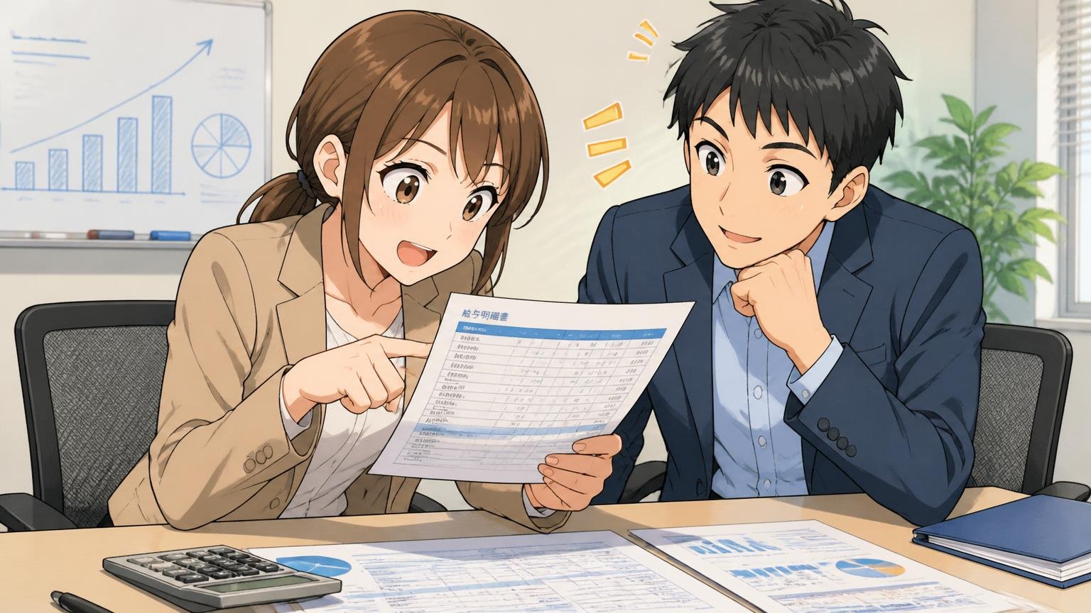 企業の会議室で給与明細を見ながら年収シミュレーションをする30代中堅エンジニア女性、隣でうなずく若手男性、机に電卓と書類。