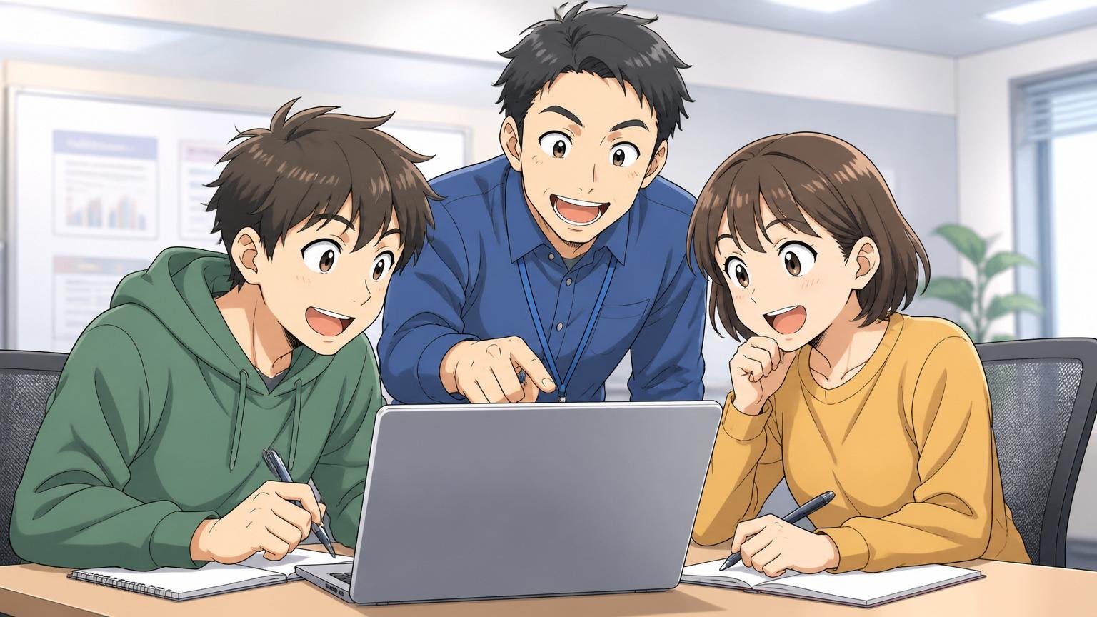 研修ルームで講師1人が未経験の若手2人にパソコンで操作を教え、和やかな雰囲気