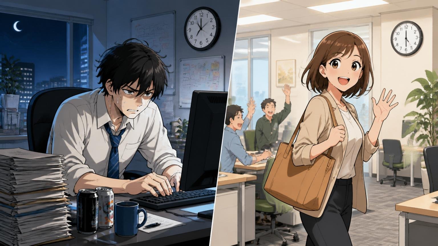 労働環境の時代差と職種差、IT企業のオフィスで深夜に残業する男性1人と定時退社する女性1人の対比