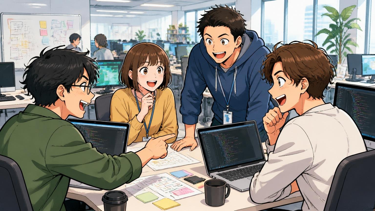 事業は成長中。IT企業の活気あるフロアで、笑顔で打ち合わせしながら働くエンジニアたち4人