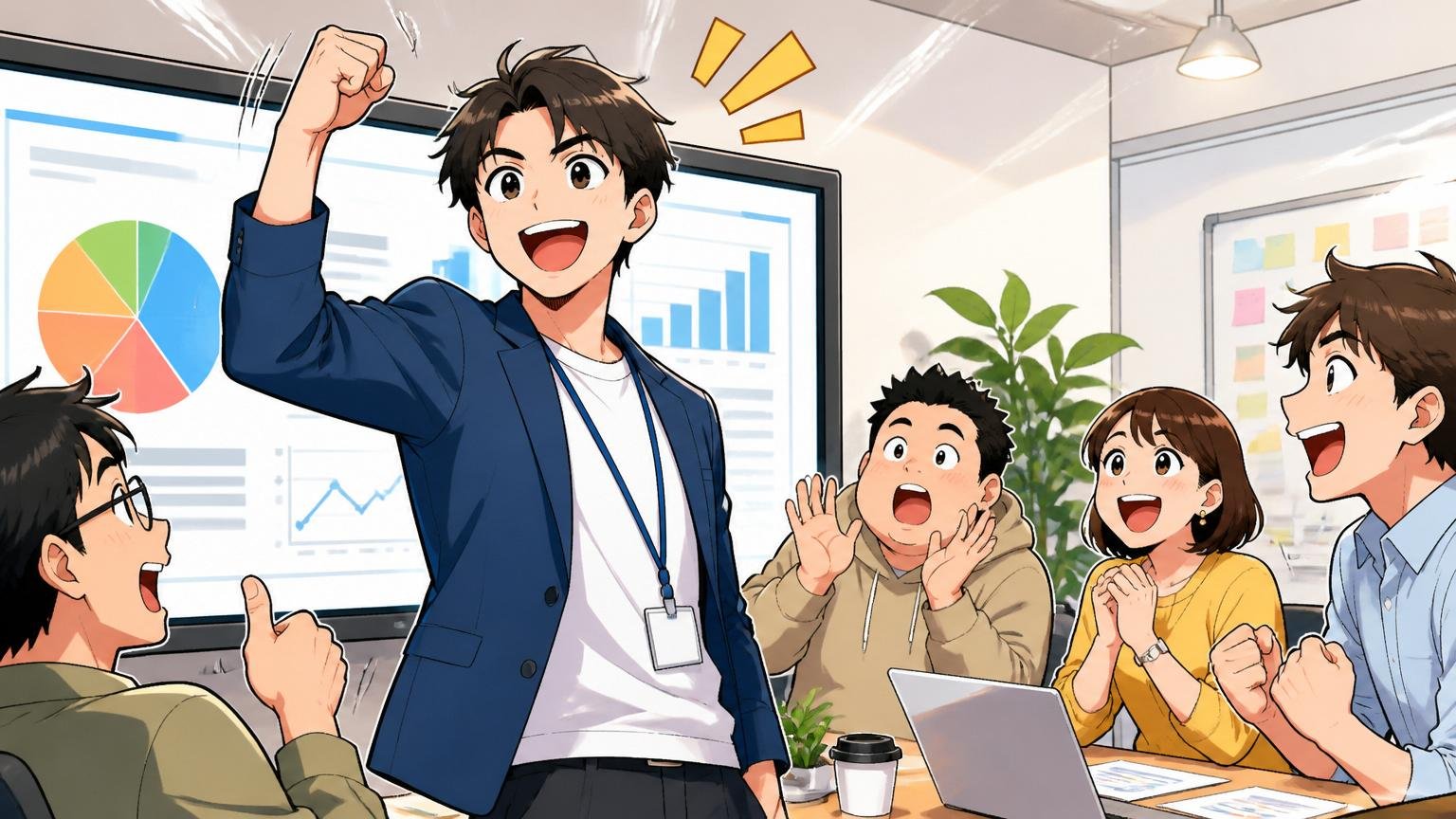 Web系企業のオフィスで若手社員が同僚たちの前で成果を発表し笑顔でガッツポーズをしている様子