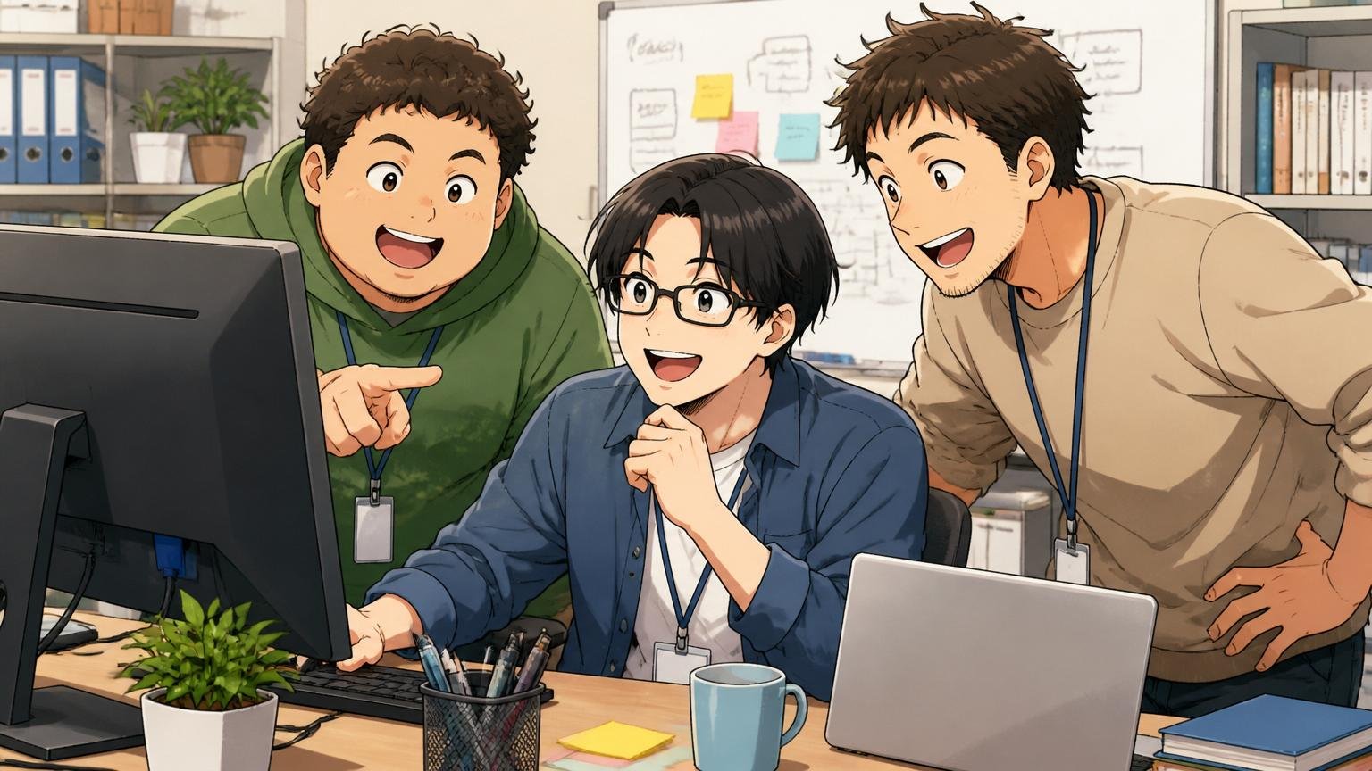 Web系の開発現場でチームを組んで一つのモニターを囲み、和やかに笑顔で議論しながら協働する3人のエンジニアたち