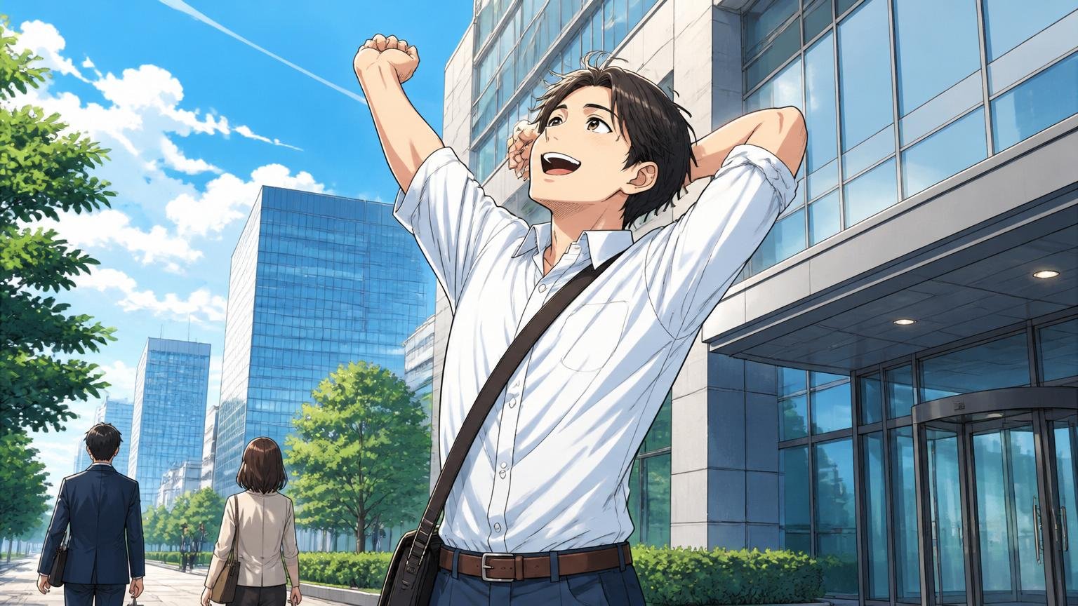 定時で退社してリフレッシュするエンジニア、オフィスビルの外で一人が空を見上げて伸びをする爽やかな表情