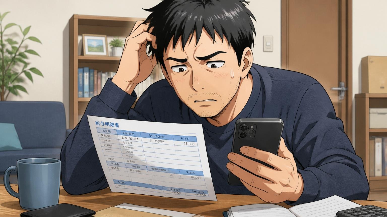 「実際は6割しか入らない」という不満。自宅で給与明細とスマホを見比べて首をかしげる30代男性1人