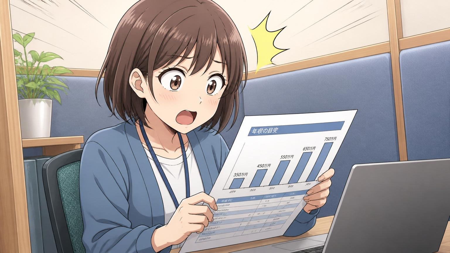 適正年収を知る重要性。面談ブースで女性エンジニアが年収の資料を見て目を見開き驚く
