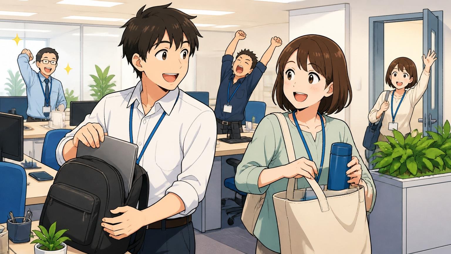 綺麗なIT企業オフィスで定時退社し笑顔で帰り支度をする社員2人