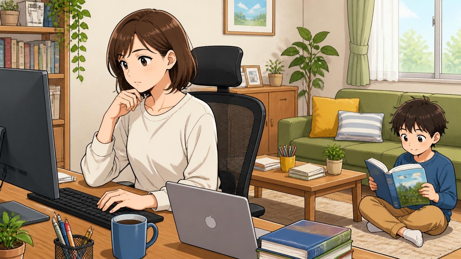 自宅のデスクで在宅勤務する30代女性エンジニア1人と隣で本を読む子供の落ち着いたリビング