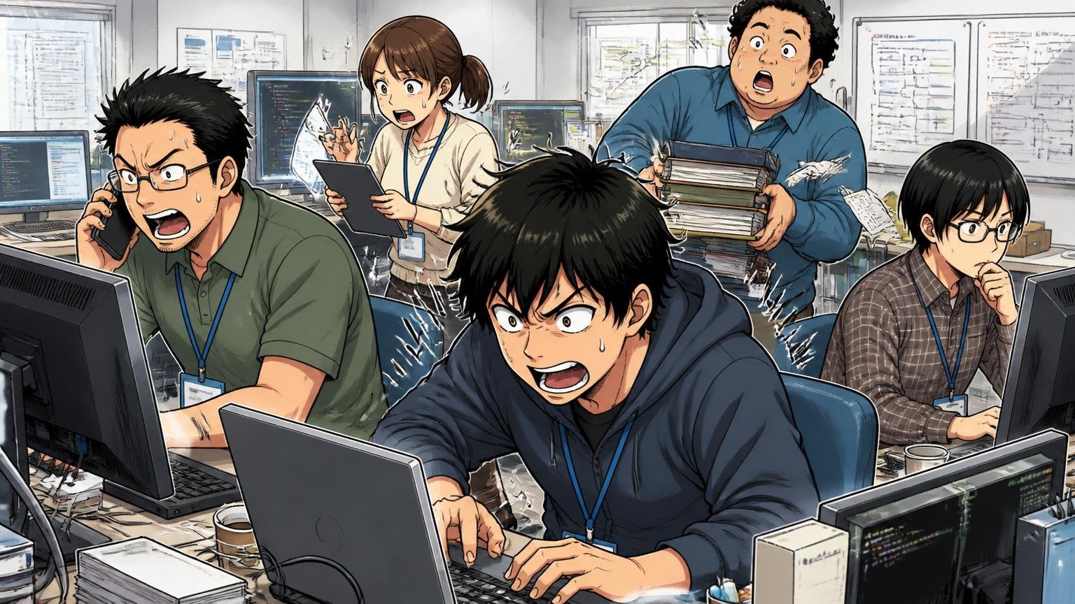 配属や案件ガチャの現場差。客先常駐のシステム開発現場で複数のエンジニアが入り乱れ、慌ただしく端末に向かって対応している