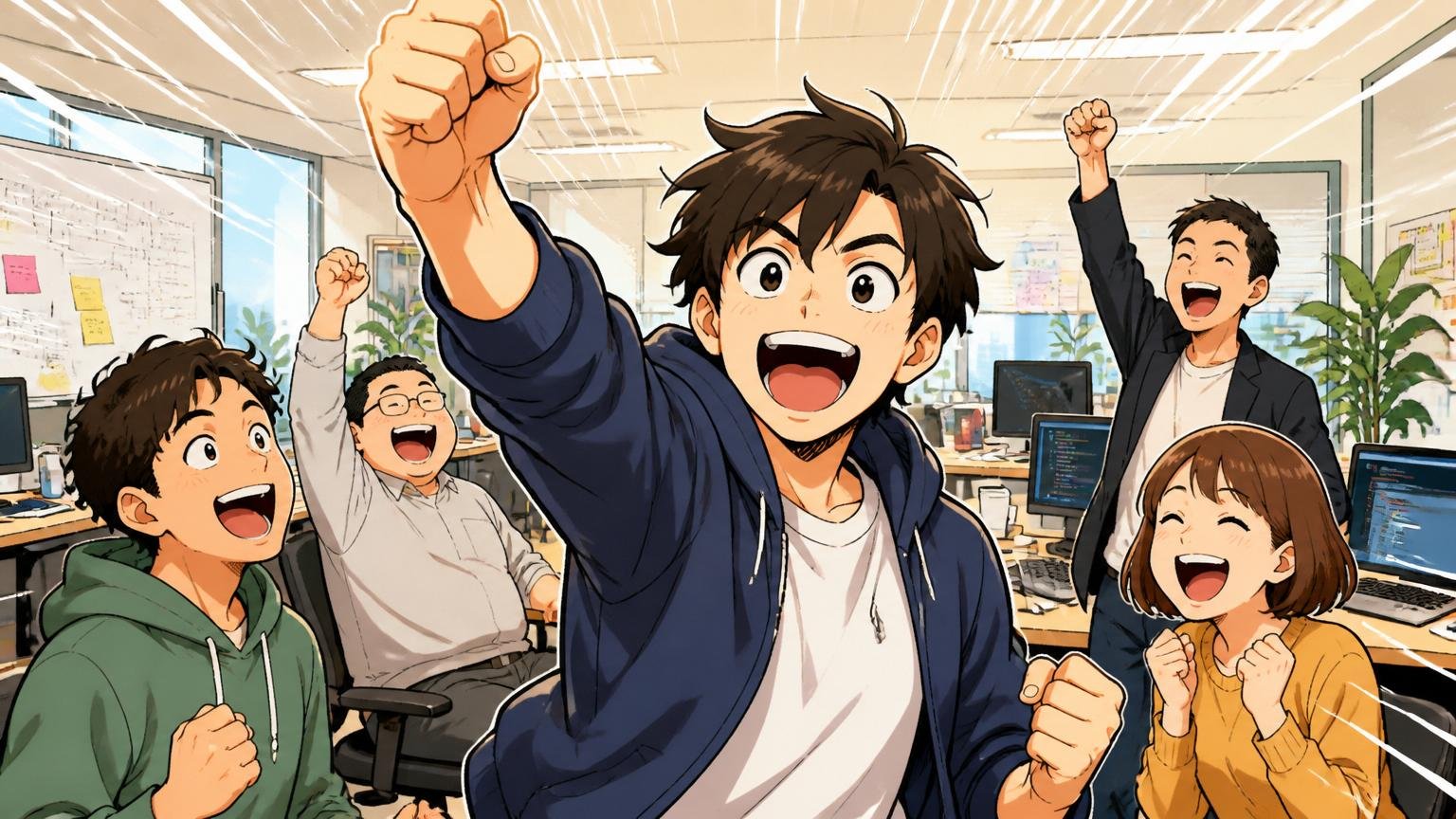 ポジティブなやばい、Web系スタートアップのオフィスで笑顔の若手社員が拳を上げる