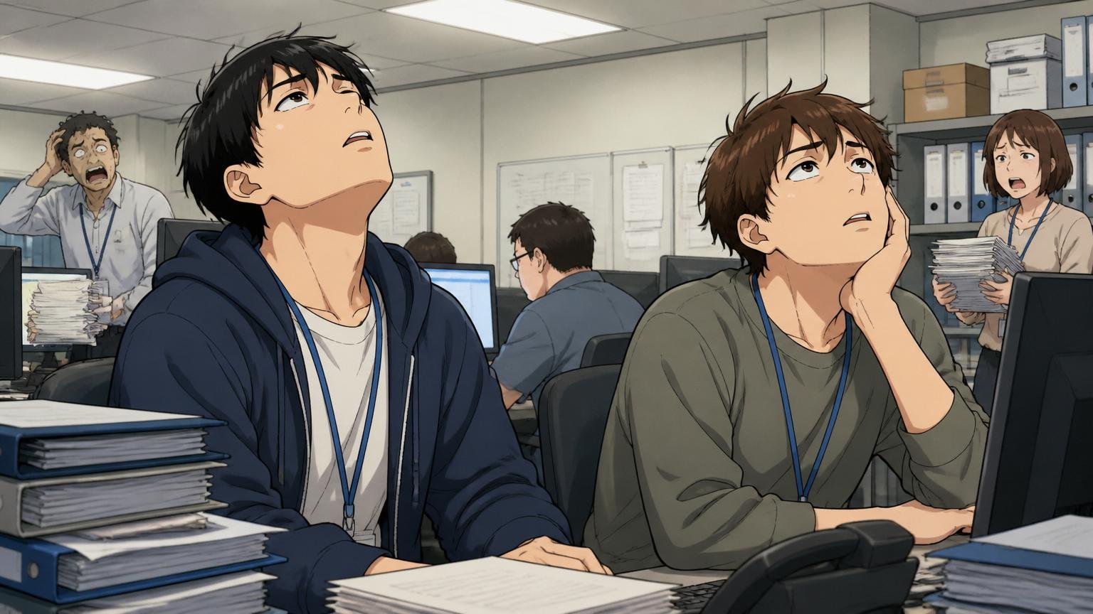 20代の成長環境とキャリアの停滞感。縦割りのオフィスで同じ運用業務を続け天井を見上げる若手エンジニア2人