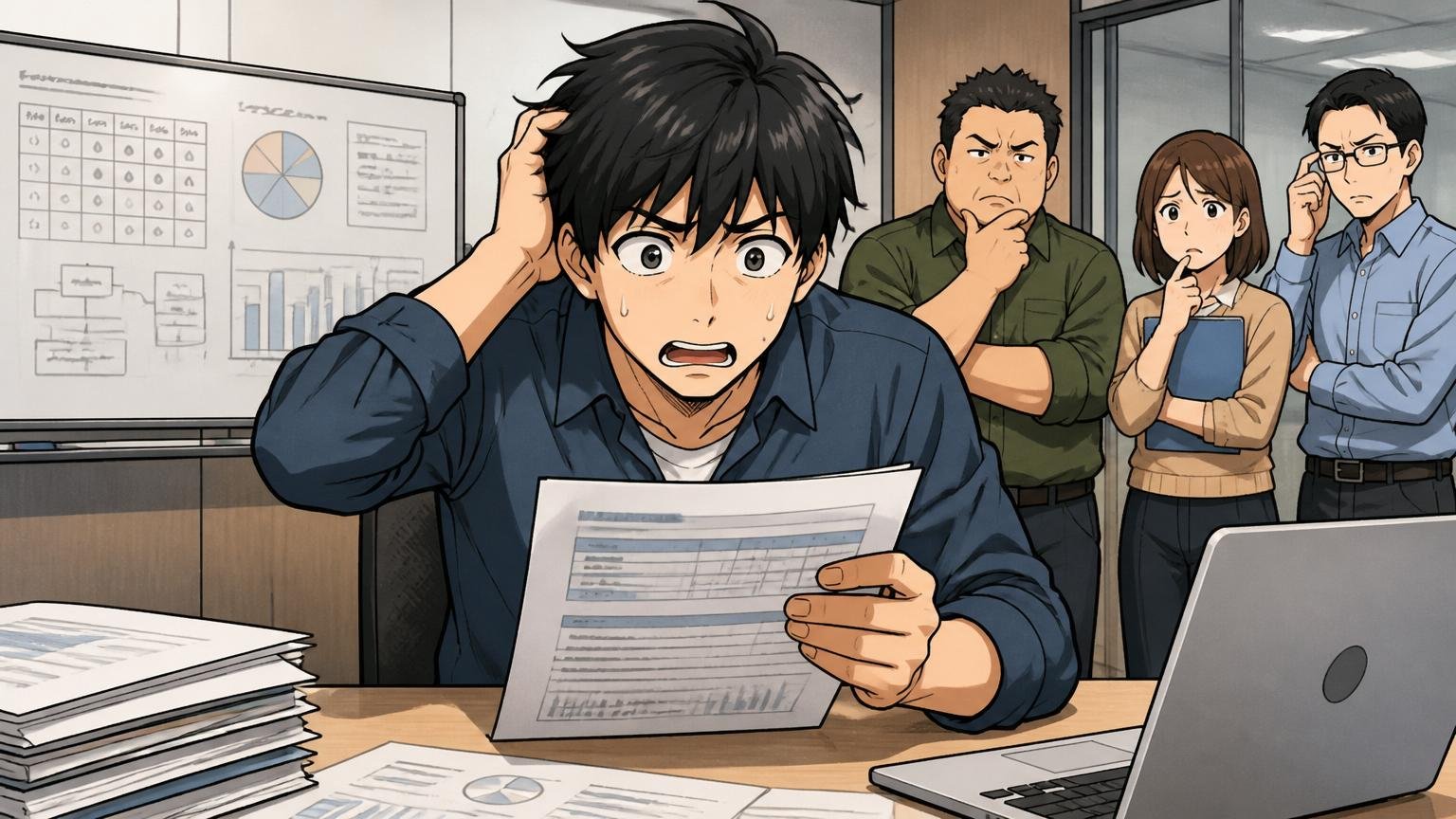 評価制度の不透明さ、企業の会議室で20代男性エンジニアが書類を見ながら困惑する表情