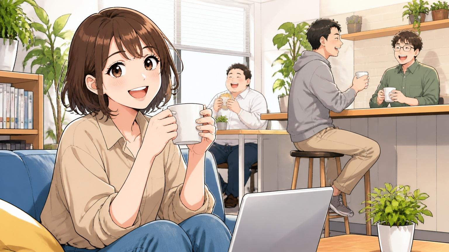 実は評価されている働きやすさと福利厚生。オフィスのカフェスペースでくつろぐ女性エンジニアが笑顔でリラックス