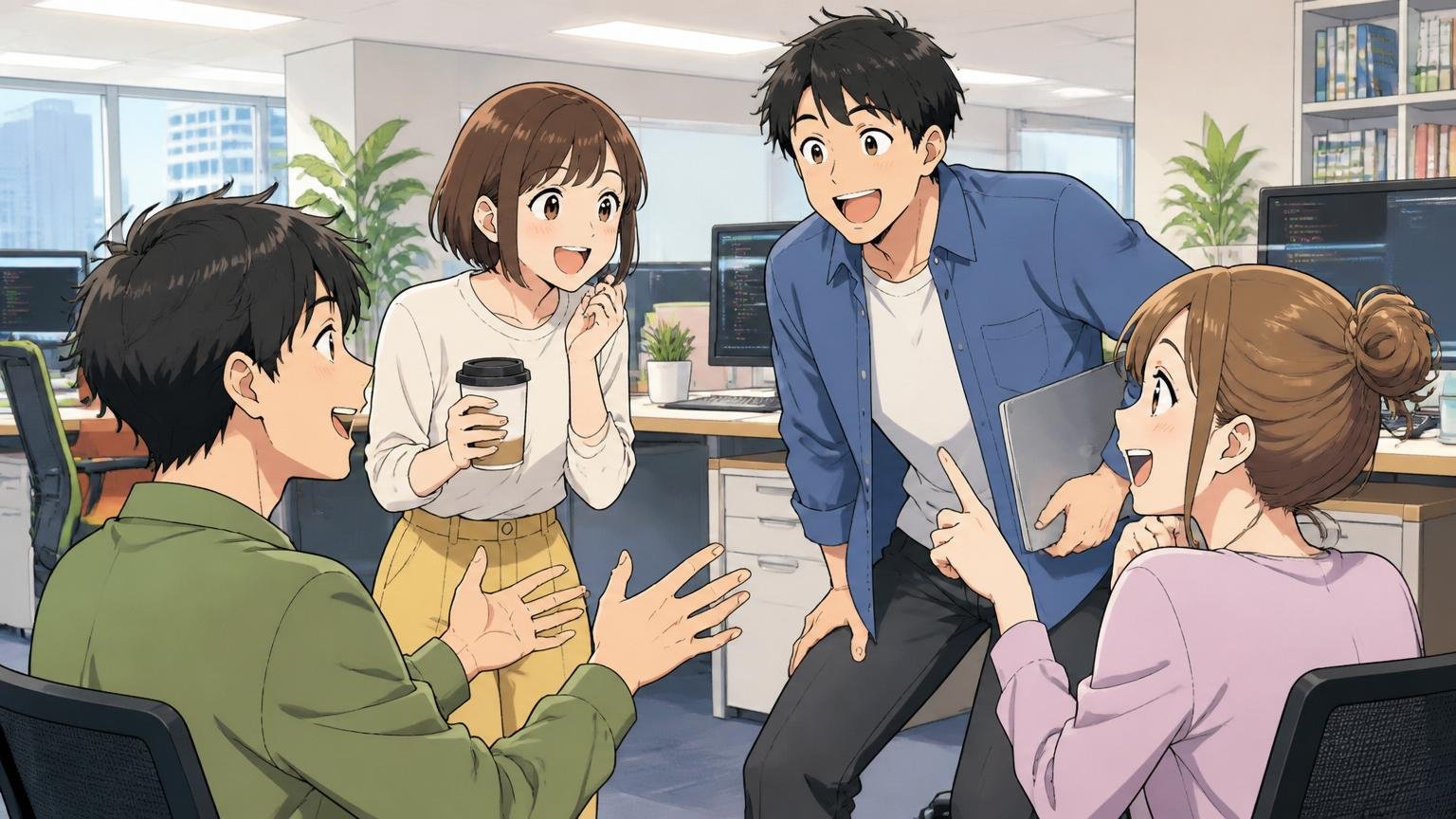 Web系企業のオフィスで同僚同士が和やかに笑顔で雑談する20代から30代の男女4人の明るい職場風景