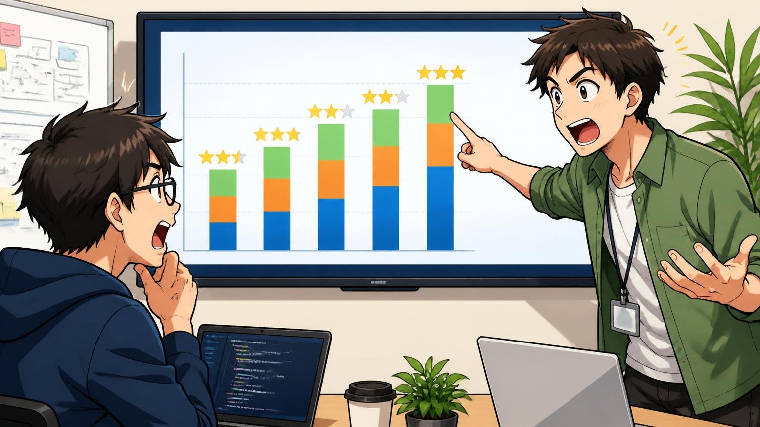 評価スコアを比較検討する場面。会議室のモニターでクチコミ評価の棒グラフを指さし議論する2人のエンジニア