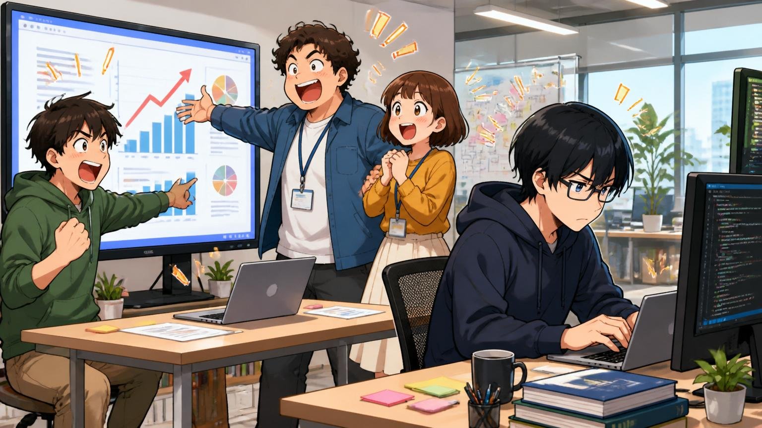 Web系スタートアップのオフィスで3人のエンジニアが成果を発表する場面と1人が黙々と作業する対比