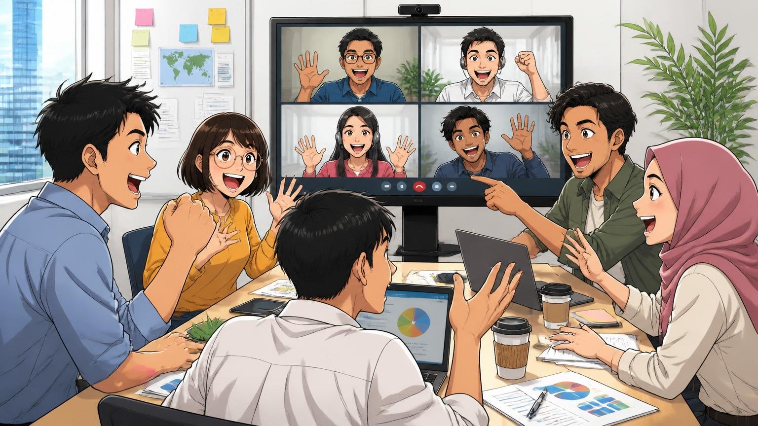 多国籍チームとグローバル経験の魅力を象徴するWeb系企業の会議室でアジア各国のメンバー5名がオンライン会議している活発な様子