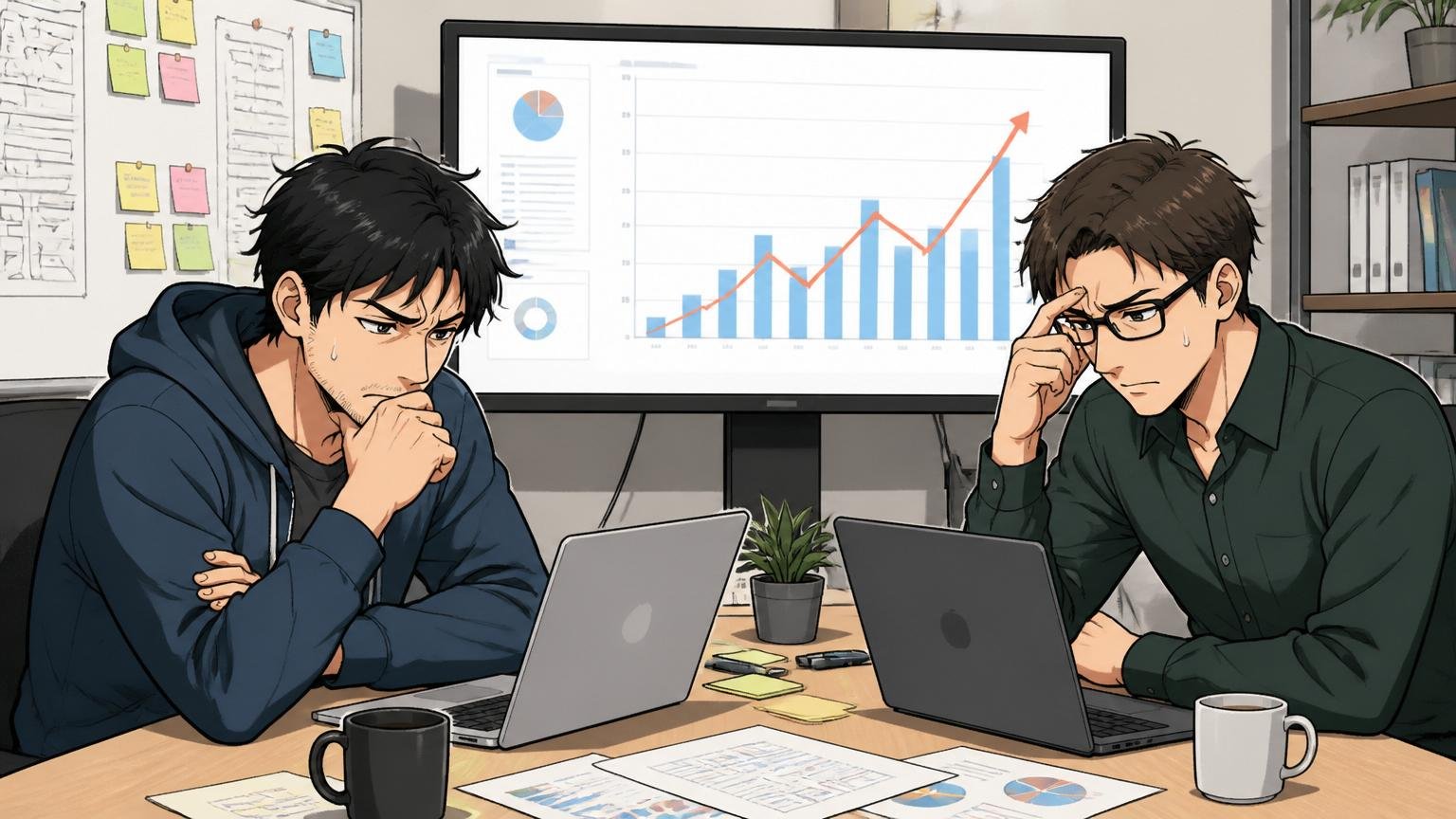 短期売上重視でユーザーの声が反映されないという声、Web系スタートアップの会議室で売上グラフを見つめながら議論する30代エンジニア2人、難しい表情