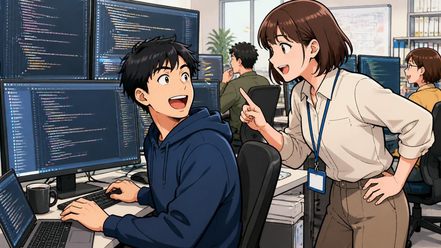 日系IT企業の開発部屋で複数モニターを前にコードを書く20代男性エンジニアと話す30代女性エンジニア