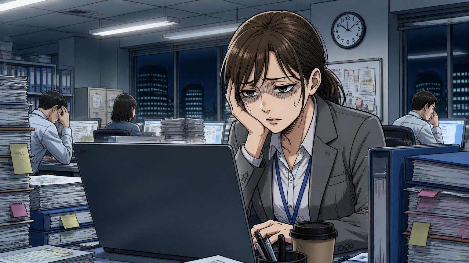 コーポレート・事務職の現実、企業のバックオフィスで遅くまで残業する、30代女性1人、PCに向かって疲弊した表情