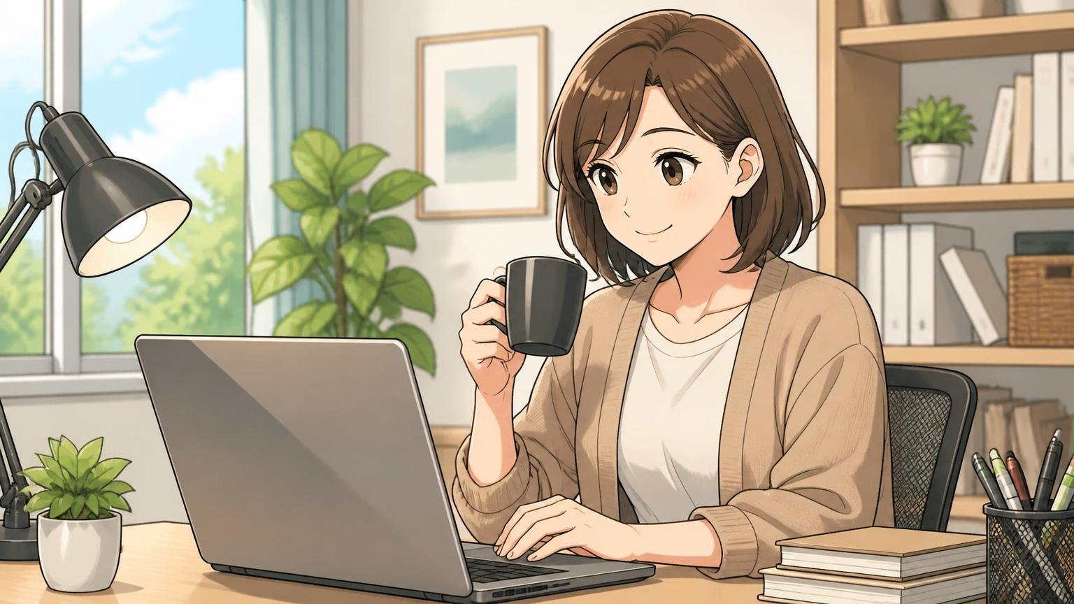 自由な働き方を満喫するエンジニア、自宅のデスクで在宅勤務しながらコーヒーを飲む、30代女性1人、穏やかな表情
