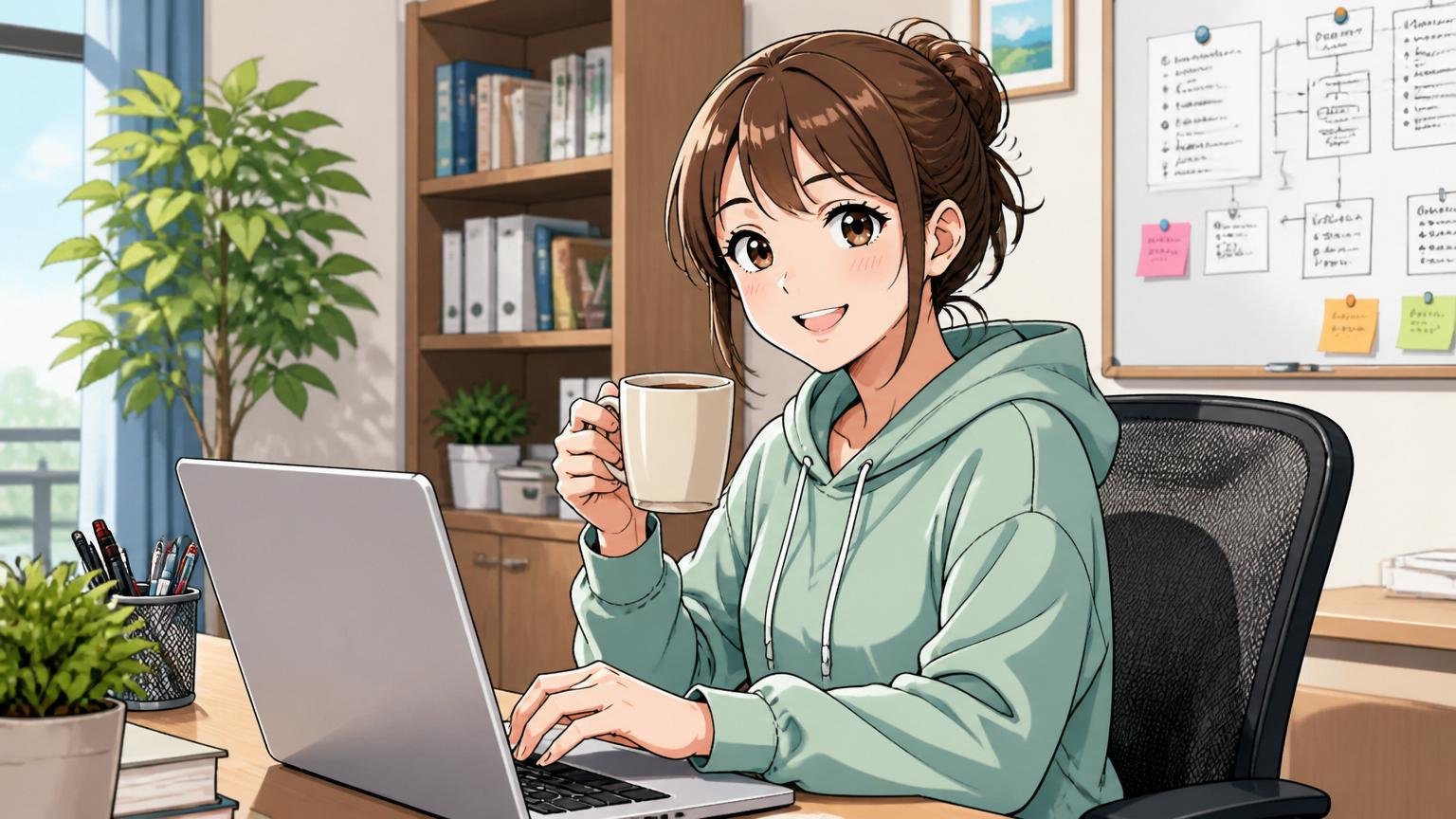 自宅のデスクで在宅勤務する女性エンジニアがリラックスした表情でカメラに微笑みつつコーヒー片手にノートPCを操作している