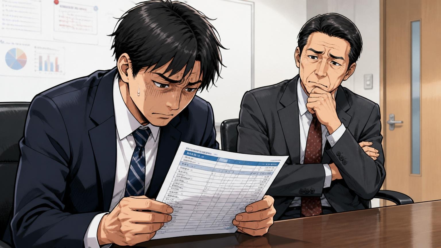 老舗SIerの会議室で給与明細を見て肩を落とす30代後半男性社員1名と40代男性上司1名、複雑な表情
