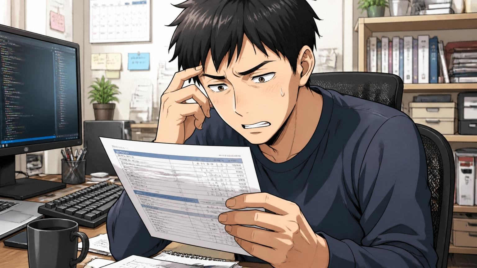 年収水準への不満/自宅のデスクで在宅勤務中の30代男性エンジニアが給与明細を見て複雑な表情