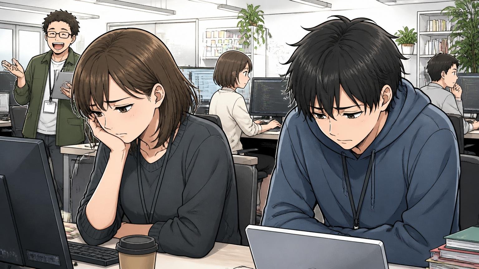 「頑張っても評価されない」という評価制度への不満。Web系スタートアップのオフィスで30代女性エンジニアと20代男性若手の2人が、評価面談後にうつむく表情